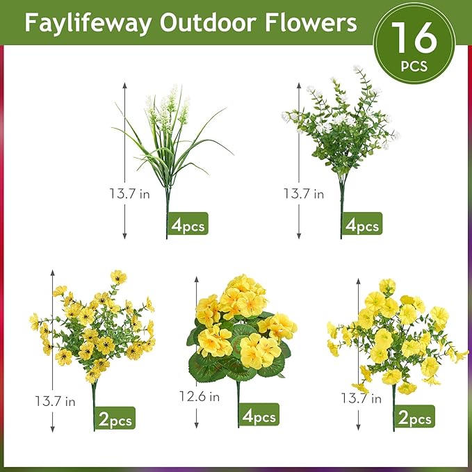 16 Bundles Artificial Flowers for Outdoors, UV Resistant Silk Faux Flowers for Outside Planters,Garden,Porch,Yard,Home Decor(Yellow)