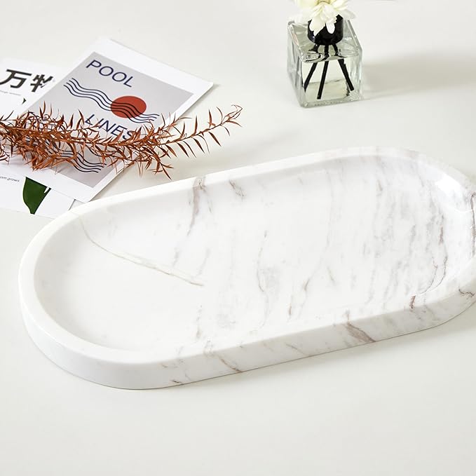 Denique Natural Marble Bathroom Tray, 12"x6" Vanity Tray White Marble Decorative Tray, Countertop Organizer for Perfume & Candles, Jewelry Dish Ring Holder for Bathroom Counter, Vanity, Dresser
