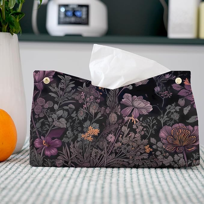 Black Floral Leather Tissue Box Cover Rectangle,Wildflower Toilet Paper Box Holder,Cottagecore Decorative Facial Paper Case for Farmhouse Living Room Bathroom Kitchen Office Desk,9.8x5.9x5.9