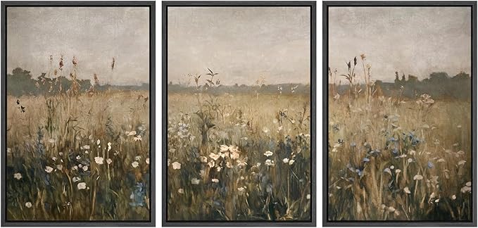 SIGNWIN Framed Canvas Print Wall Art Set Wildflower Meadow Rustic Floral Field Landscape Illustrations Modern Art Decorative Rustic Calm/Zen for Living Room, Bedroom, Office - 16"x24"x3 Black