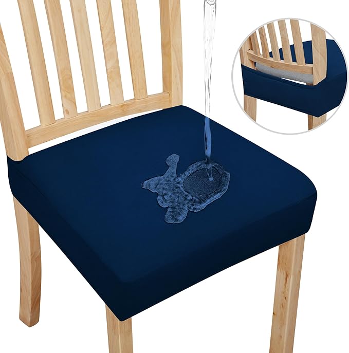 Easy-Going 100% Waterproof Seat Covers for Dining Room Chairs Set of 4, Stretch Chair Seat Slipcovers Protector Removable and Washable Kitchen Dining Chair Covers, Navy