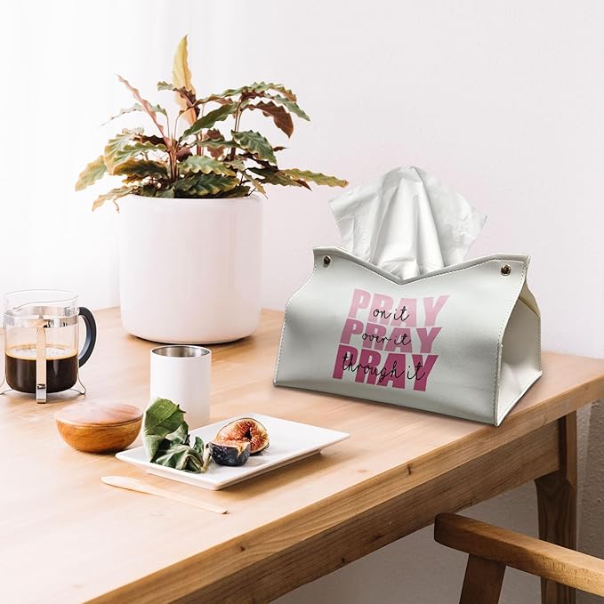 Bible Christian Tissue Box Cover Rectangle, Pink Prayer Decor Tissue Box Holder, Pray Over it Pray Through it Religious Facial Paper Case, Scripture Church Gifts for Women Home 9.8x5.9x5.9