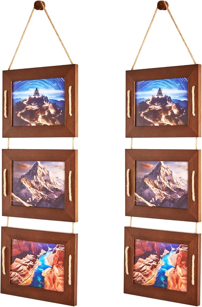 DLQuarts 5x7 Hanging Picture Frames Collage Wall Decor, 3 Opening 5x7 Matted to 3.5x5 Photo Rustic Wood Frame, Dark Walnut, 2 Pack