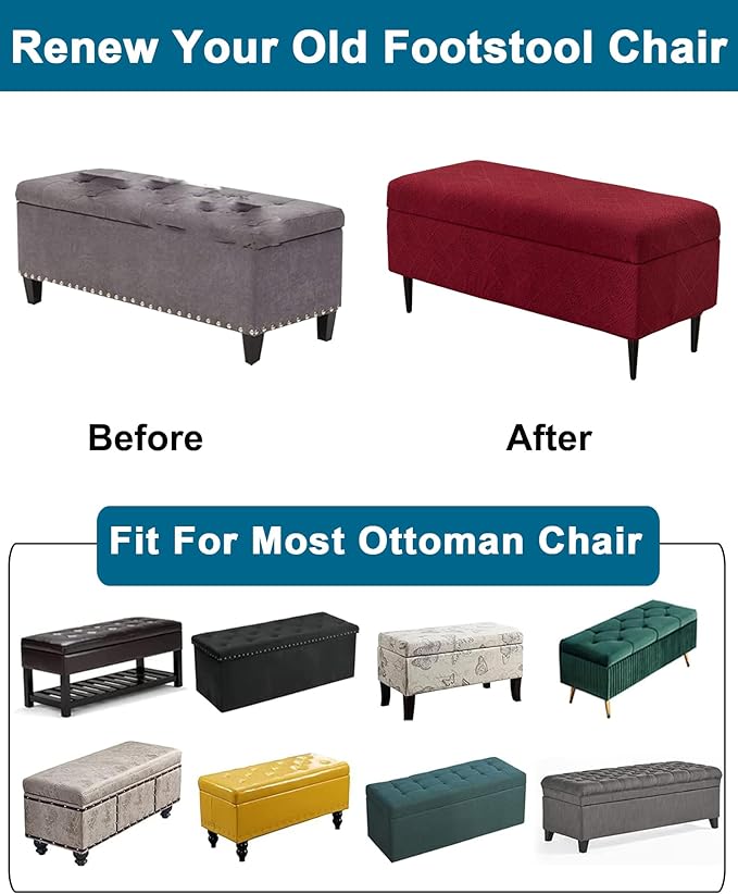 CRFATOP Jacquard Ottoman Stool Cover Stretch Folding Storage Footstool Bench Slipcovers Upholstered Foot Chest Chair Covers Washable Entryway Furniture Protector with Elastic Bands,M,Burgundy