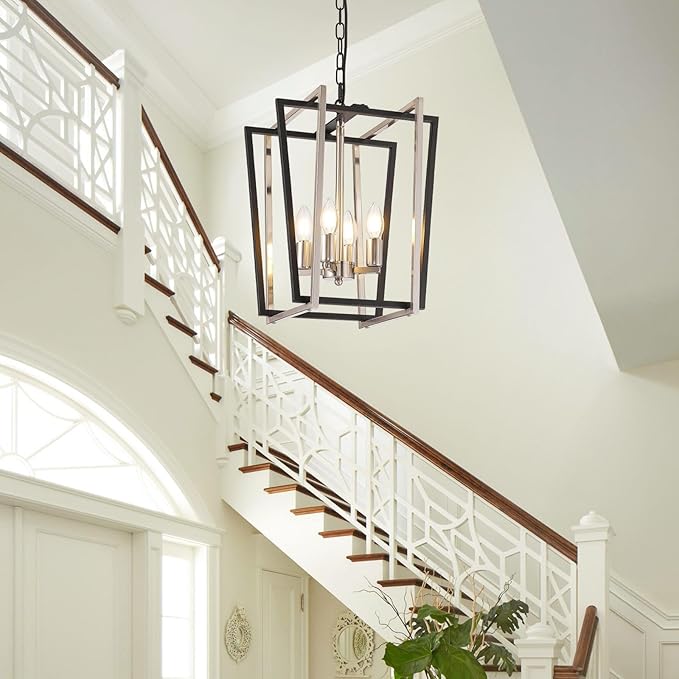 WJShome 4-Light Modern Chandelier, Farmhouse Dining Room Light Fixture Hanging Pendant Lights Kitchen Island, Black and Silver Lantern Pendant Light, Adjustable Height Entryway Chandeliers