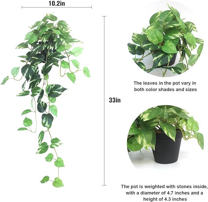 alyptus Fake Pothos Hanging Plants - 33" Set of 2 Artificial Silk Ivy Vines with Pots, Realistic Faux Greenery for Indoor Home Decor, Low Maintenance Hanging Plant Decoration (Golden Green)