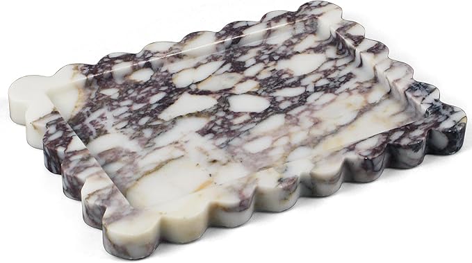 100% Real Natural Marble Tray, Genuine Calacatta Viola Scalloped Stone Tray, Luxury Decorative Trays for Bathroom Dresser, Vanity, Home, Kitchen Decor, Non-Resin/Ceramic, 10.6"x 8", Purple