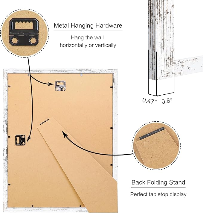 11x14 Picture Frame Set of 2, 11 x 14 Wood Photo Frames with Mat for 8x10, Rustic Natural Wooden Frame with Real Glass Cover for Wall and Tabletop Display,Distressed White