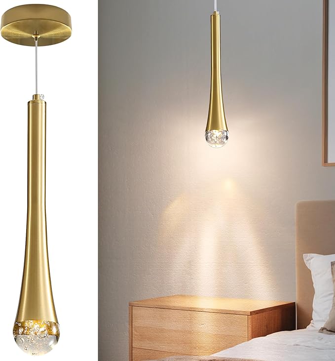 Modern Gold LED Pendant Light, Kitchen Island Ceiling Hanging Lights, Teardrop Bubble Crystal, 3 Color 2700K/4500K/6500K, Bedside Small Chandeliers Lamps for Bar, Dining Room, Bathroom, Hallway