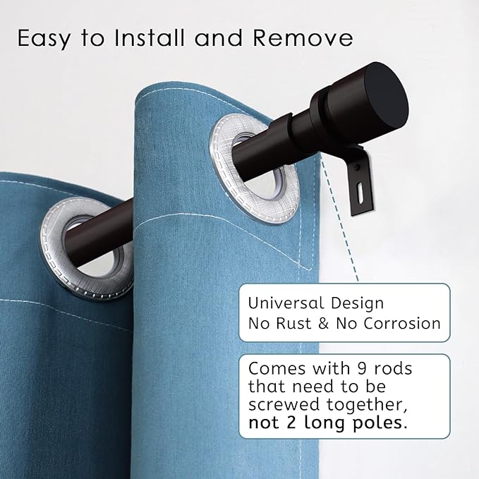 Curtain Rods for Windows 16 to 144 Inches Adjustable Length 1 Inch Diameter Window Curtain Rod with Aluminium End Cap, Antique Bronze (Pack of 2)
