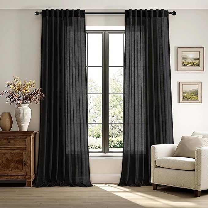 ANRODUO Black Semi Sheer Linen Curatins 96 inches Long Back Tab Light Filtering Flax Linen Textured Curtains Modern Farmhouse Coastal Decor for Bedroom Living Room 96 inch Length 2 Panels Set