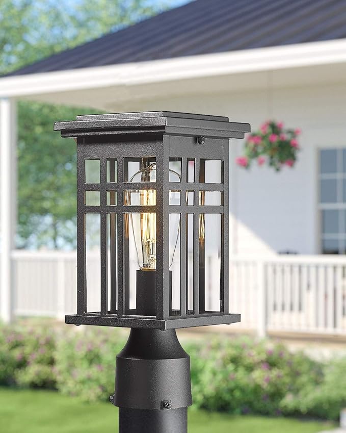 HWH INVESTMENT Industrial Outdoor Post Lantern, Exterior Pillar Light, Waterproof Pole Lantern with Clear Glass Shade, Matte Black Finish, 5HD36P BK