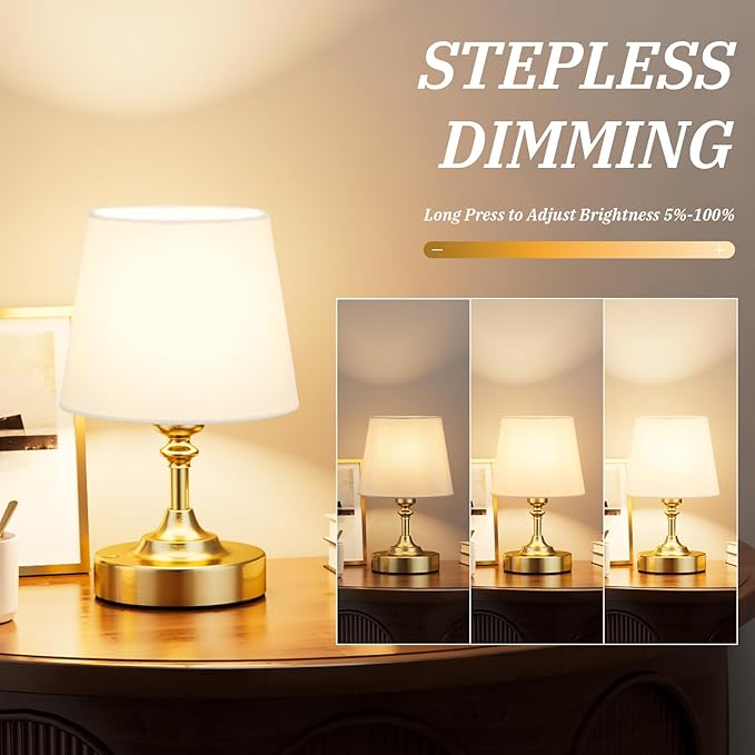 Kakanuo Mini Cordless Table Lamp Gold - 1 Pack 4000mAH Battery Operated Lamp for Decor, 3000K Stepless Dimming Touch Control Rechargeable Lamp for Bedroom, Dining Table, Counter, Living Room