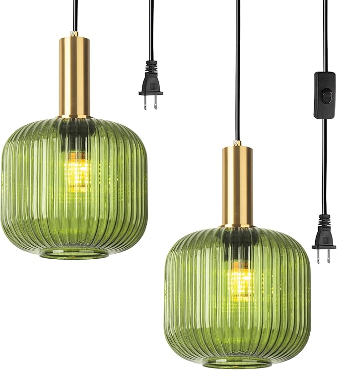 Plug in Pendant Light 2 Pack Green Glass Hanging Lamp Plug in Hanging Light Fixture with Cord 14.7 ft, Mid Century Modern Gold Pendant Lighting for Kitchen Island Dining Room Bedroom Set of 2