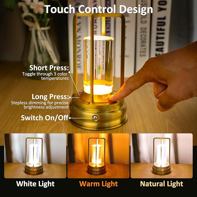 Rechargeable Cordless Metal Table Lamp – Portable LED Desk Lamp with 3-Color Infinite Dimming, Battery Powered for Indoor & Outdoor Use, Bedroom, Restaurant, Bar, Coffee Shop, or Camping