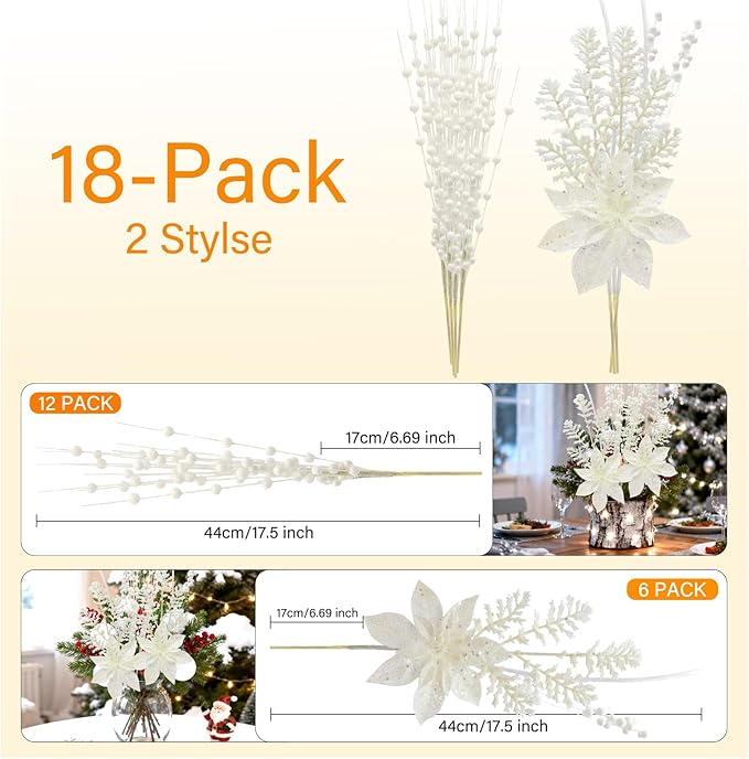 18 Pack Christmas Tree Ornaments Set, 17.5 Inch White Fake Christmas Picks Decorations with 2 Styles, Artificial Glitter Berry Stem Ornaments for Christmas Tree Wedding Small Vase Wreath Decor