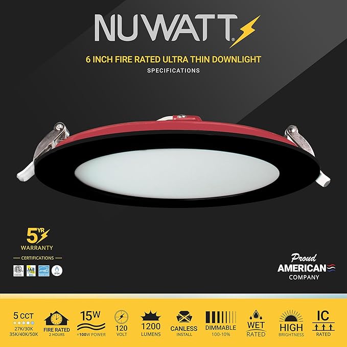NUWATT 12 Pack Black 2 Hour 6" Fire Rated LED Recessed Lighting, 5CCT 27K/30K/35K/40K/50K, Wet & IC Rated Recessed Light, 15W, Dimmable 1200LM, 90CRI, 6 Inch Black Wafer Lights, No Tenmat Needed, ETL