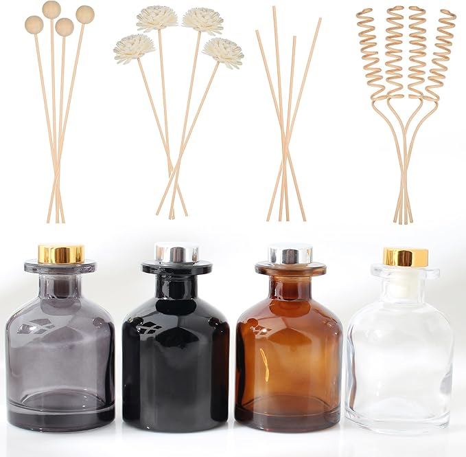4Pcs Fragrance Glass Diffuser Bottles, Refillable Diffusers Bottles with 16 pcs Reed Diffuser Sticks and Caps,Diffuser Jars for Home Oil Fragrance Decoration Girl Women Gift (4 Color)