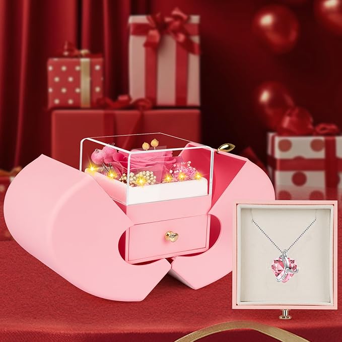 Preserved Real Pink Rose Birthday Gifts for Women Her Mom Wife Girlfriend Grandma with l Love You Necklace Eternal Forever Rose Flowers on Anniversary Valentine's Day Mothers Day Christmas