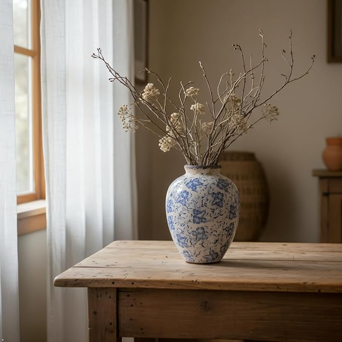 Blue and White Ceramic Vase 8 Inch – Vintage Floral Pottery Vase with Crackle Glaze, Waterproof Decorative Vase for Flowers, Greenery, Small Bouquets – Farmhouse Cottage Table Shelf Decor