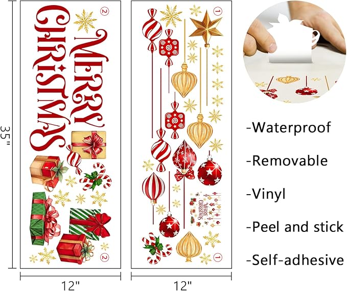 Mfault Merry Christmas Balls Wall Decals Stickers, Xmas Gifts Gold Snowflake Decorations Bedroom Art, Winter Holiday Peppermint Candy Cane Home Kitchen Decor