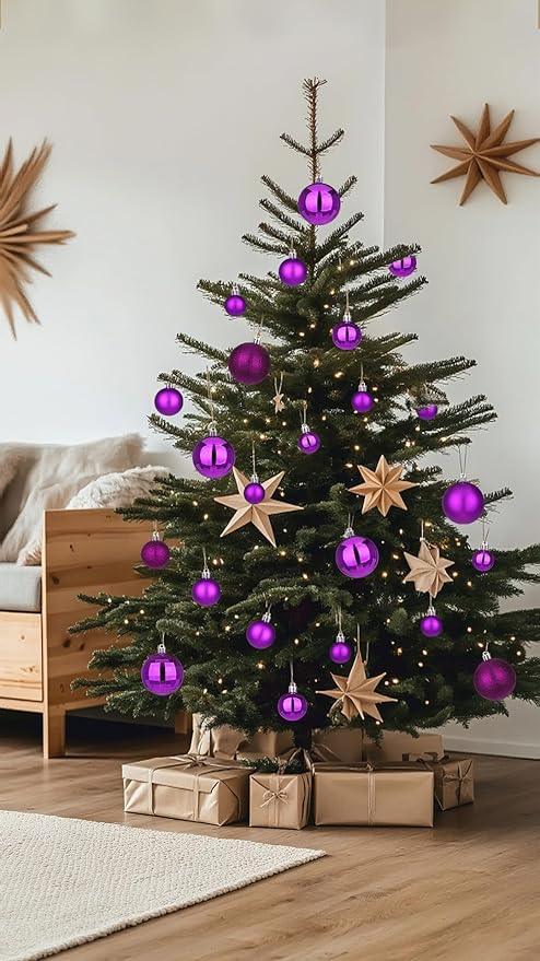 50pcs Christmas Ball Ornaments Purple Shatterproof Christmas Tree Ball Decorations Xmas Tree Purple Ornaments Balls with Hanging Loop for Halloween Xmas Wedding Holiday Party Wreath Home Decor