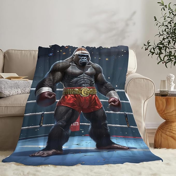 Tijuboni Gorilla Boxing Throw Blanket Funny Boxing Gifts for Men Women Boys Girls Kids Adults Soft Flannel Fleece Blanket for Couch Sofa Bed Home Decor 50"x60"