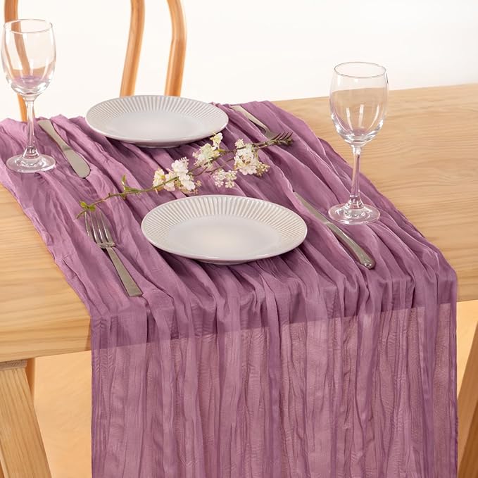 MLMC Purple Table Runner 10ft Sheer Gauze Cheesecloth Valentines Table Runner 35x120 Inches Sheer Cheese Cloth Centerpiece for Quinceanera Bridal Baby Shower Boho Wedding Home Decor