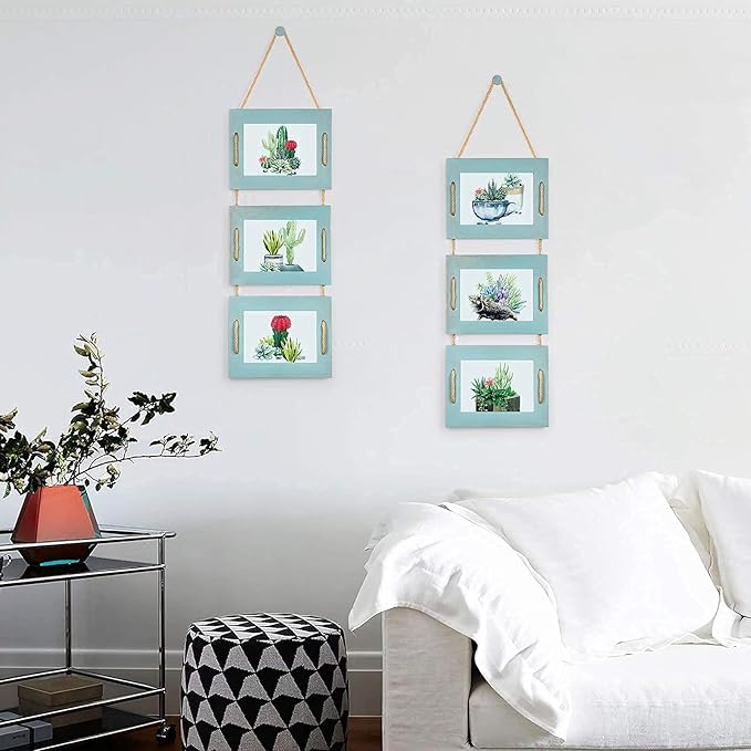 DLQuarts 5x7 Hanging Picture Frames Collage Wall Decor, 3-Opening Photo Frames 5x7 without Mat & 3.5x5 with Mat, Rustic Wood 3 Photo Frames, Ocean Blue