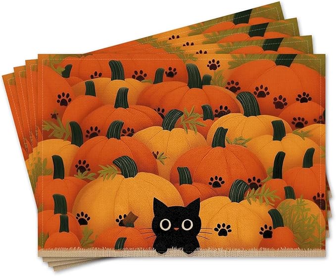 Double Side Set of 4 Cute Black Kitty Pumpkins Fall Placemats Seasonal Autumn Harvest Table Mats for Indoor Outdoor Home Party Dining Decor Farmhouse Burlap Table Mats 12x18 Inch #WP020