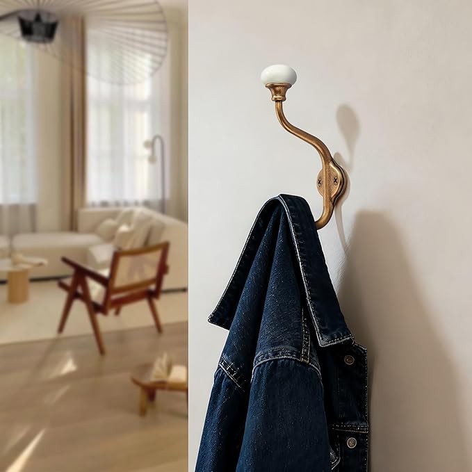CHIVS Coat Hooks- 5 Pack Antique Brass Wall Hooks, Ceramic Coat Hooks, Decorative Wall Mounted Towel Hanger, zinc Double Prong Hook for Hanging Clothes, Keys, Hats, Backpacks