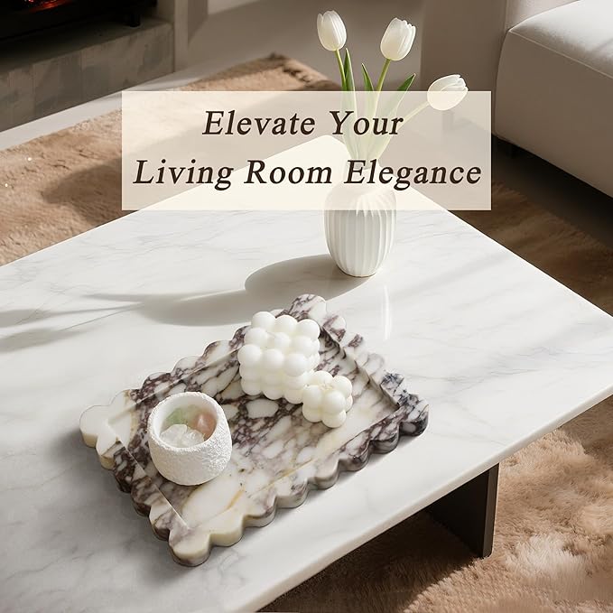 100% Real Natural Marble Tray, Genuine Calacatta Viola Scalloped Stone Tray, Luxury Decorative Trays for Bathroom Dresser, Vanity, Home, Kitchen Decor, Non-Resin/Ceramic, 10.6"x 8", Purple