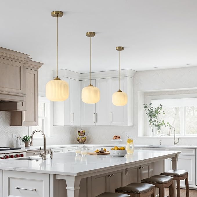 Gold Milk Glass Pendant Light Antique Brass Hanging Light Small White Pendant Lights Kitchen Island Vintage Ribbed Glass Ceiling Light Mid Century Modern Dining Room Pendant Lighting