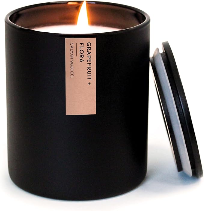 Calyan Wax Co. Grapefruit & Flora Scented Candle - 75 Hour Burn - Luxury Non Toxic Soy Wax Candles - Long Lasting Black Tumbler Jar Candle for Home - 10.2oz