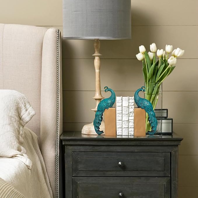 Heavy Duty Bookends Home Decor - Set of 2 Resin Peacock Non-Skid Decorative Bookends Bird Bookends Modern Peacock Statue Decor for Bookshelves Office Desk Living Room 6 * 2.5 * 12 Inch Braxio