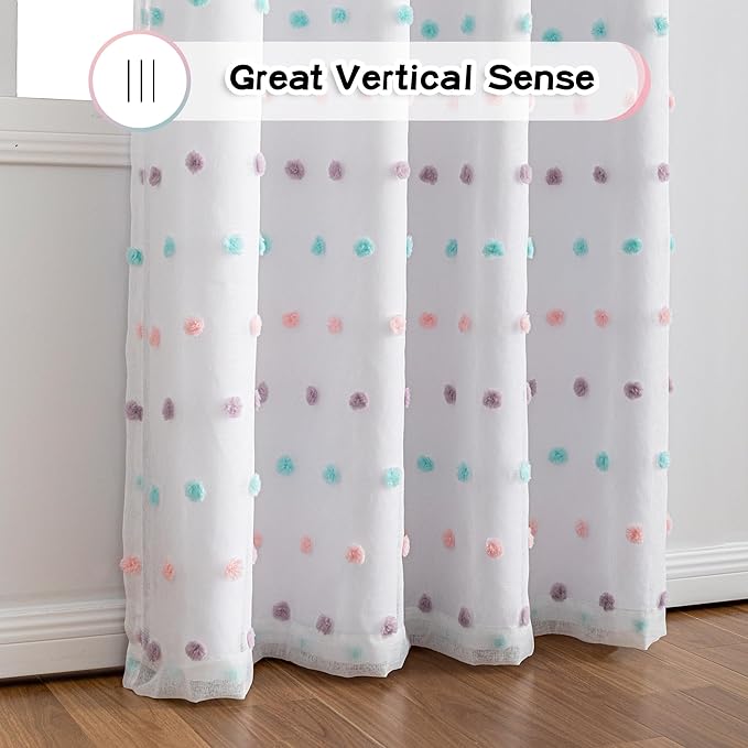 MYSKY HOME White Curtains for Girls Bedroom Rainbow Pom Pom Sheer Curtain 63 Inches Length Thermal Insulated Nursery Curtains Room Darkening Short Kitchen Drapes Grommet, 52" x 63", 2 Panels
