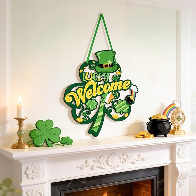 St Patricks Day Wreaths for Front Door - Hollow Wooden Shamrock Wreath, Irish Spring Hanging Welcome Door Sign, Saint Patricks Day Decorations for Holiday Outdoor Indoor Party Wall Home
