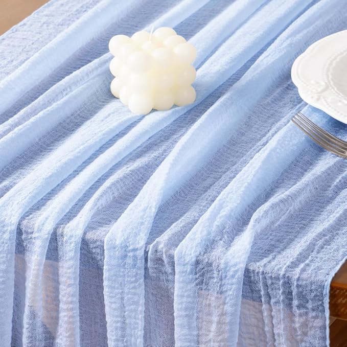 Socomi 6pcs Blue Valentine's Day Gauze Cheesecloth Table Runner 120 Inch Rustic Boho Cheese Cloth Runner for Wedding Party Baby Bridal Shower Centerpiece Decoration Holiday Home Decorations