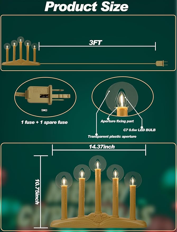 5-Light Christmas Window Candle Lights, Electric Plug-in Candelabra Arch for Luminous Holiday Decorations - Traditional Indoor Windowsill Taper Candle Lamp, Flameless