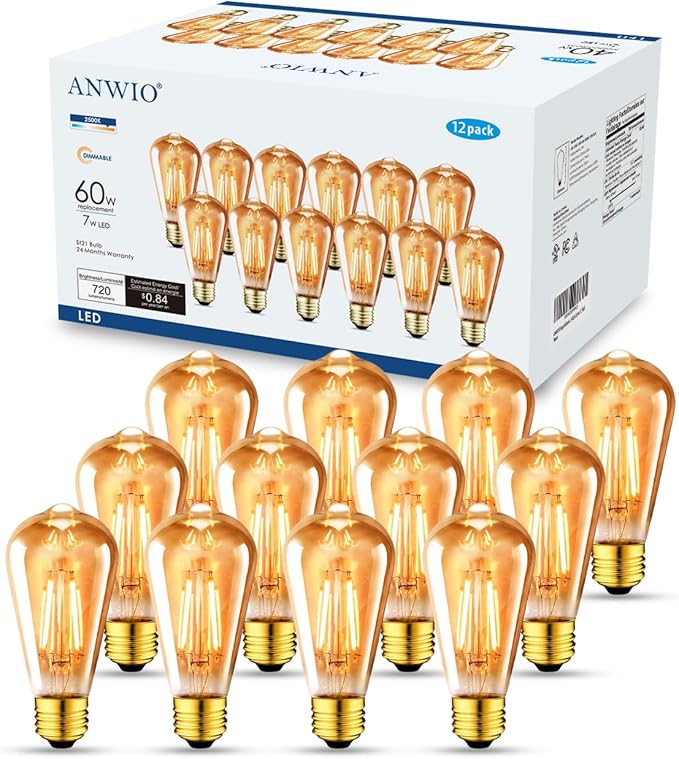 ANWIO Vintage Edison Light Bulb ST21 LED Filament Bulb 7W(60 Watt Equivalent) Dimmable 2500K (Amber Glow) Warm White E26 Medium Base, Amber Glass Cover,12 Pack