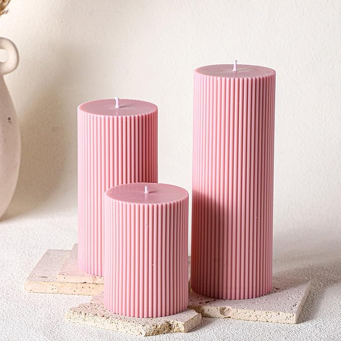 Ribbed Pillar Candles Set of 3, Width 3" High 4" 6" 8" Large Soy Wax Orchids Scented Pillar Candles Aesthetic Ribbed Modern Home Decor for Bathroom Living Room(Pink)