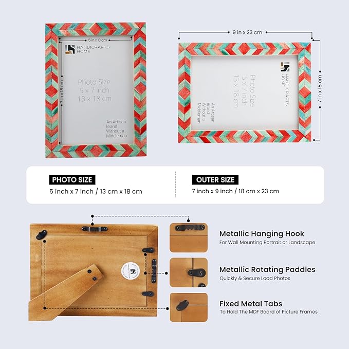 Handicrafts Home Chevron Mosaic Picture Frame 5x7– Handmade Bone Inlay Photo Frame for Tabletop & Wall Decor, Holiday Home Decor, Farmhouse Frame, Colorful Desk & Shelf Decor- Green Red Picture Frame