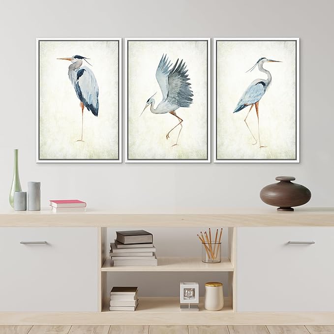MUDECOR Framed Canvas Print Wall Art Heron Bird Wild Animal Prints Minimalist Modern Art Boho Relax Cozy Decor for Bedroom - 16"x24"x3 White
