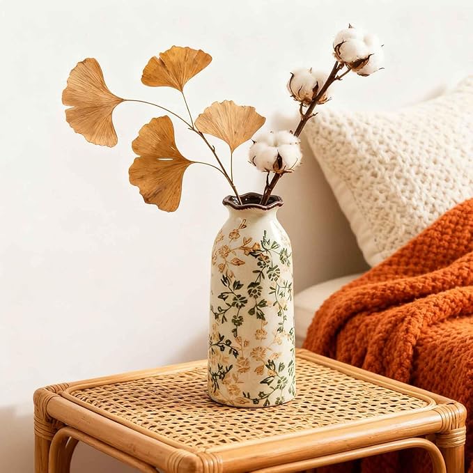 Ceramic Vase Set of 3, Vintage Green and Beige Vases Set for Home Decor, Chinoiserie Floral Decorative Vase for Living Room, Bookshelf, Office (5.9"+7.9"+9.8")