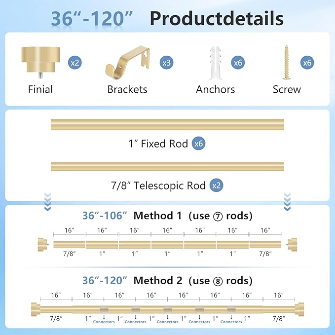 Gold Curtain Rods for Windows 66 to 120 Inch(5.5-10ft), 1 Inch Diameter Heavy Duty Curtain Rods, Adjustable Curtains Rod, Modern Decorative Drapery Rod, 30-120" Brass Gold