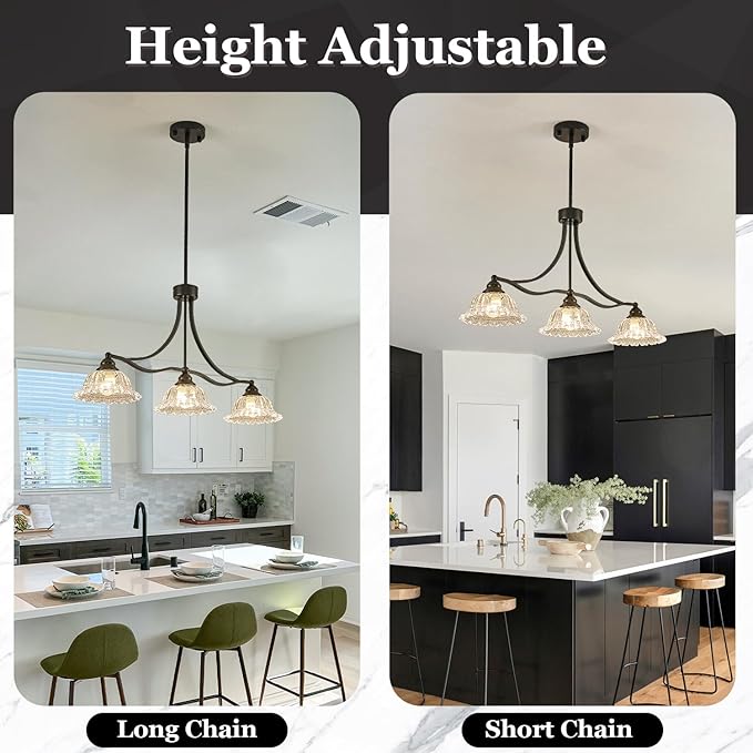 3-Light Vintage Pendant Light Fixtures for Dining Room,Black Kitchen Island Hanging Light with Flower Lampshade, Adjustable Height Ceiling Island Lamp for Kitchen Table Hallway