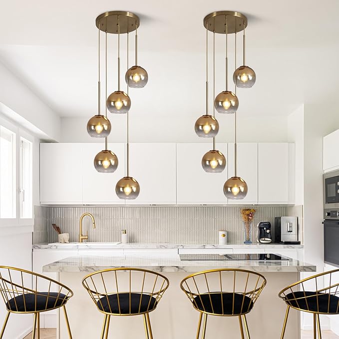 KCO Lighting 5 Light Cluster Pendant Light Gold Glass Pendant Light Mid Century Modern Dining Room Light Fixture Round Cluster Pendant Light Large Globe Chandelier Light Fixture