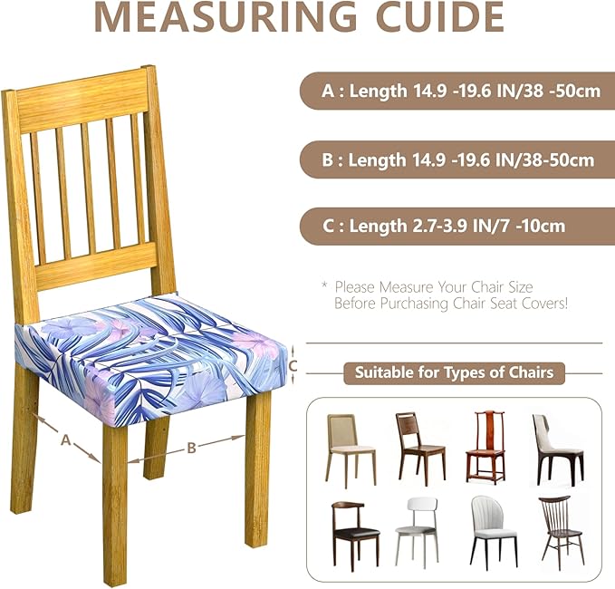 Stretch Dining Chair Seat Covers Set of 6,Dining Chair Slipcovers, Floral Printed Chair Covers,Soft Fabric Washable Upholstered Chair Seat Protector, No Rear Covers for Home Kitchen Dining Room