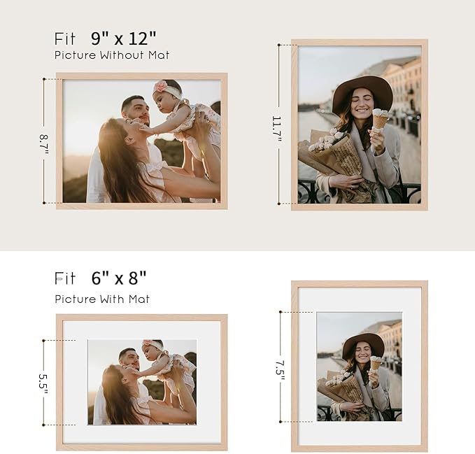 9x12 Oak Wood Picture Frams - Minimalist 9x12 Oak Wood Frames, 9"x12" Picture Frame Wood, Natural Solid Wooden Picture Frames for Wall Art Photo and Prints(3 Pack, Beige)