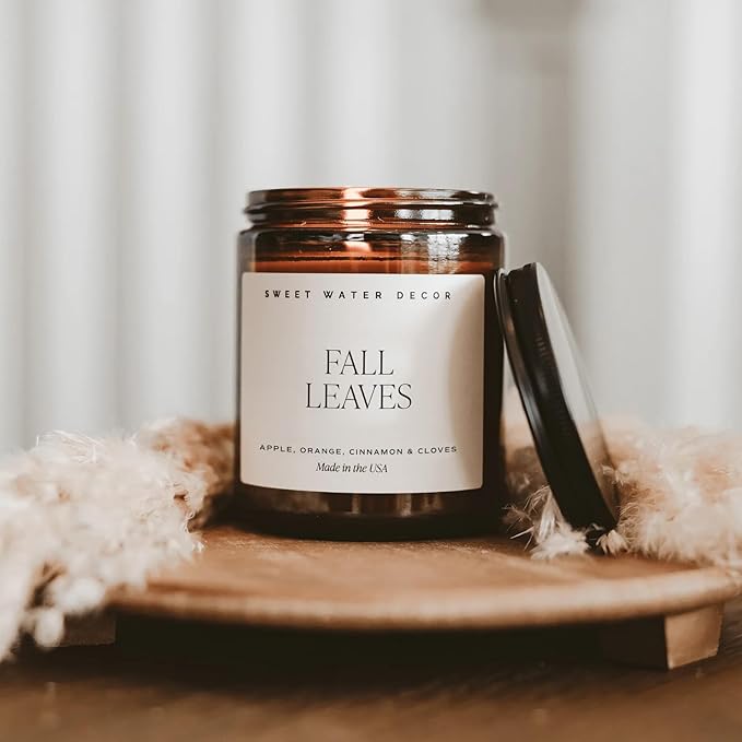 Sweet Water Decor Fall Candles for Home Scented - Hand Poured Soy Wax Autumn Candle with Apple & Cinnamon Scent - 40 Hour Burn Time Long Lasting Fall Candles Soy - Amber Glass Jar for Candle Decor